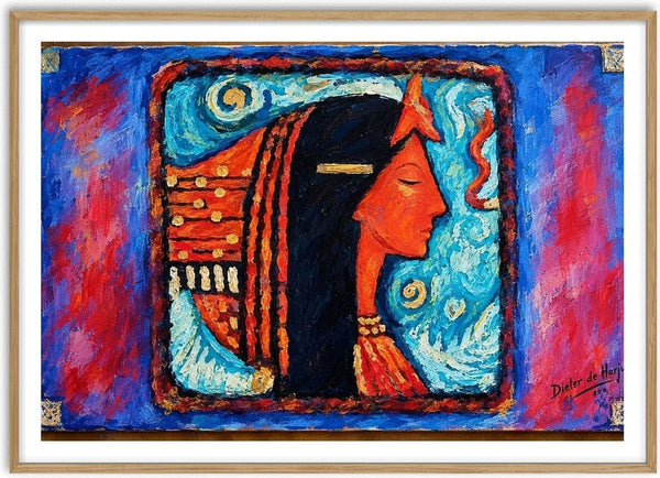AUS ANDERER ZEIT by Dieter de Harju - a woman in profile with black hair and gold detail on blue and magenta