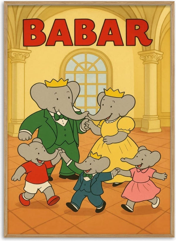 Babar and his family, dressed in colorful outfits, dance together joyfully in a grand hall.
