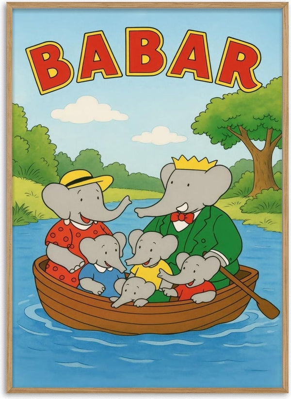 Illustration of Babar and his family in a boat on a river, surrounded by trees, with "Babar" written above.