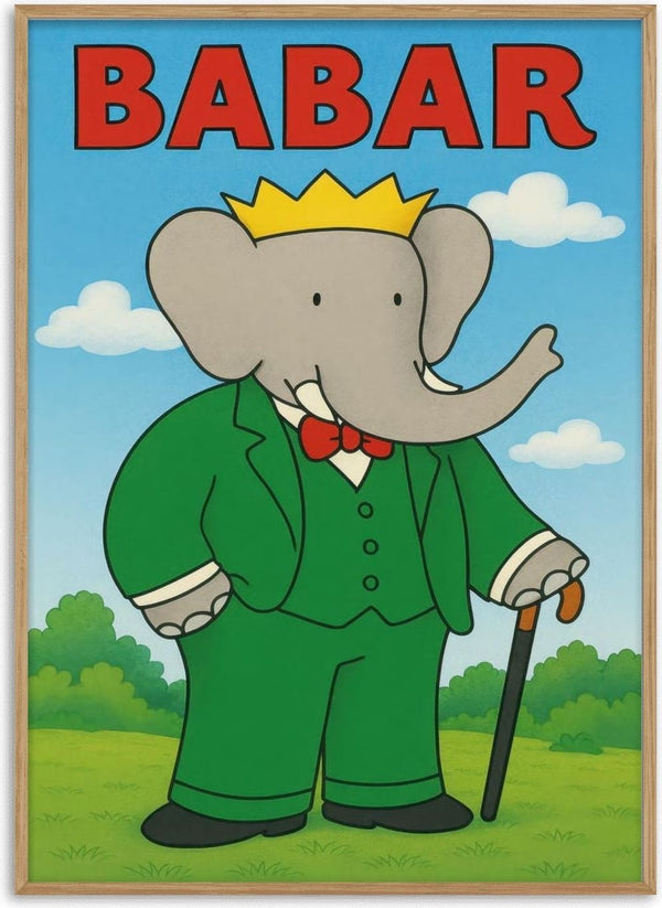 Babar the King in a green suit, yellow crown, and red bow tie, standing with a cane on grass under blue sky.