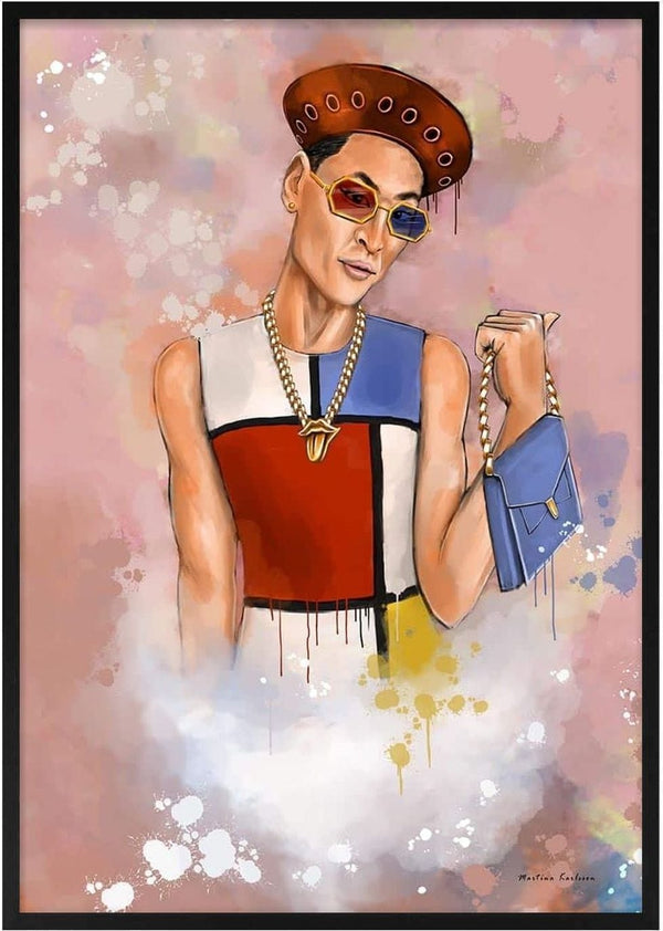 Stylish figure in colorful geometric dress, gold chains, sunglasses, and hat holding a blue purse on pastel background.