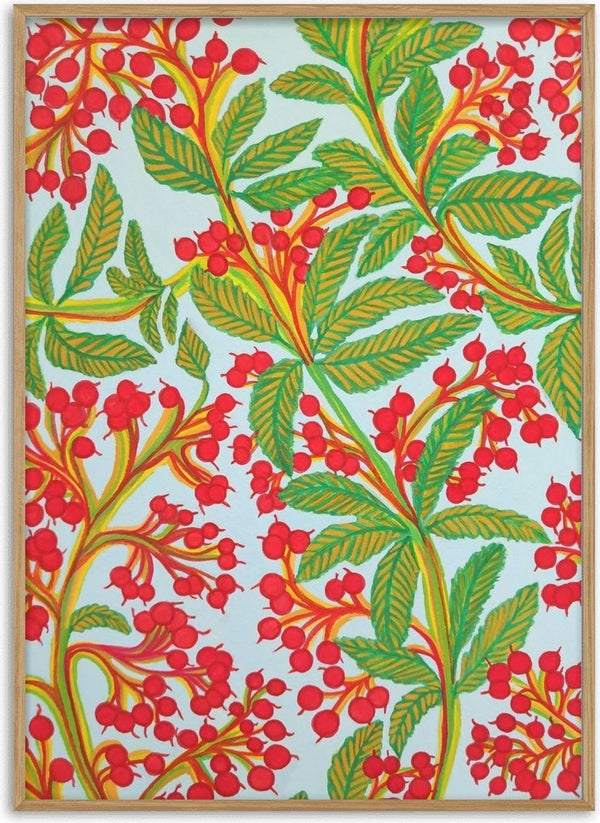 Bacche rosse by Maria Emanuela Fiori - clusters of red berries on green pinnate leaves against pale ice blue