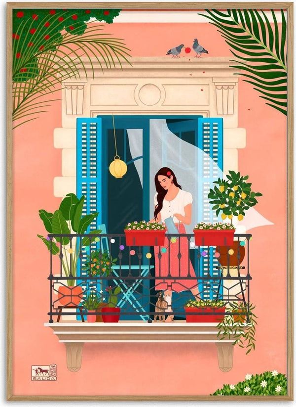 Illustration of a woman on a plant-filled balcony with blue shutters, inspired by Barcelona, by Petra Holikova.