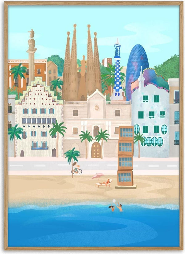 Illustration of Barcelona landmarks and beach, capturing the cityscape for Petra Lizde’s product page.