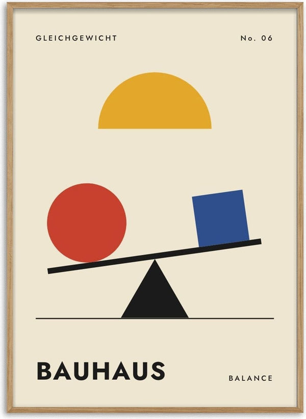 Bauhaus Balance by ARTSY FARTSY, Bauhaus poster with red circle and blue square balanced on a black seesaw on cream