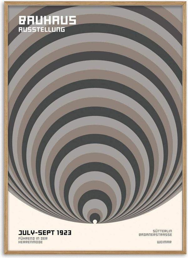 Abstract poster with concentric grey circles and Bauhaus-style text, titled "Bauhaus Big Circles Grey Plakat."