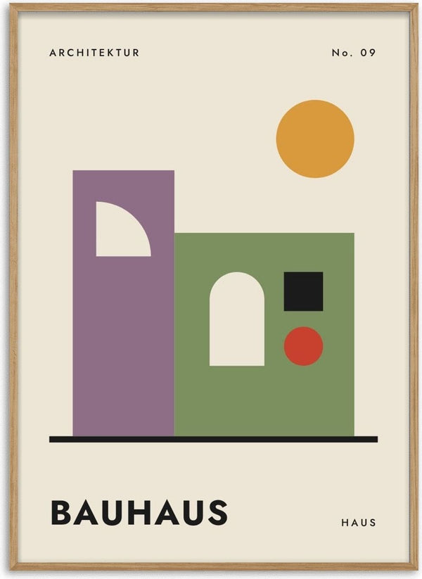 Bauhaus Haus by ARTSY FARTSY, Bauhaus poster with mauve and sage flat-roofed buildings under an ochre sun