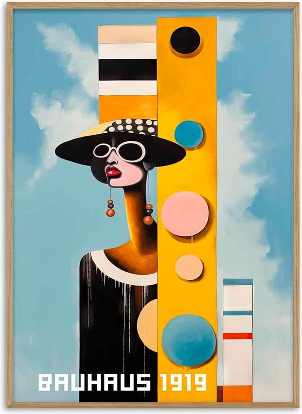 Abstract portrait of a woman in sunglasses and hat, geometric Bauhaus shapes, "BAUHAUS 1919" text below.