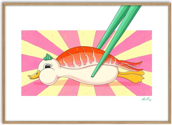 Illustration of Beaked Nigiri - Nanna Paavig, a duck-shaped sushi piece held by green chopsticks.