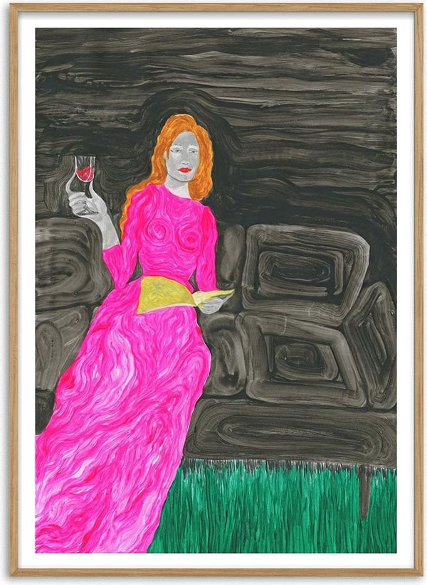 A woman in a pink dress reads on a sofa, holding wine, from "Beautiful Poem" by Martina Karlsson.