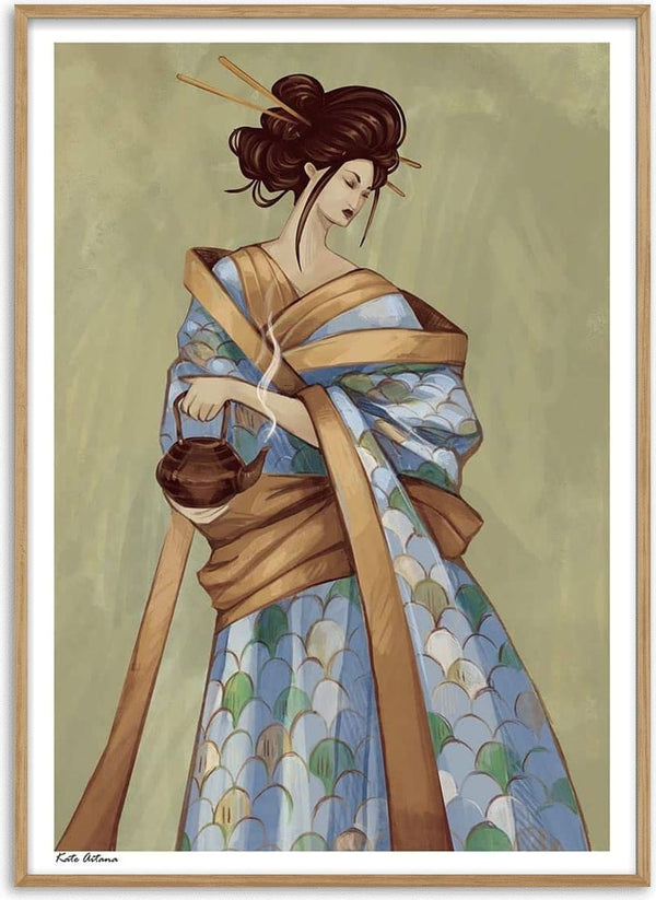 Illustration of a geisha in a patterned kimono holding a teapot, from Becoming Geisha by Kate Aitana.