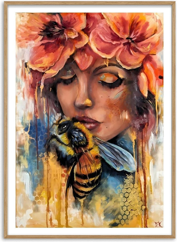 BeeYou by Elisa Kay - a woman with closed eyes crowned with coral poppies and a honeybee below her lips