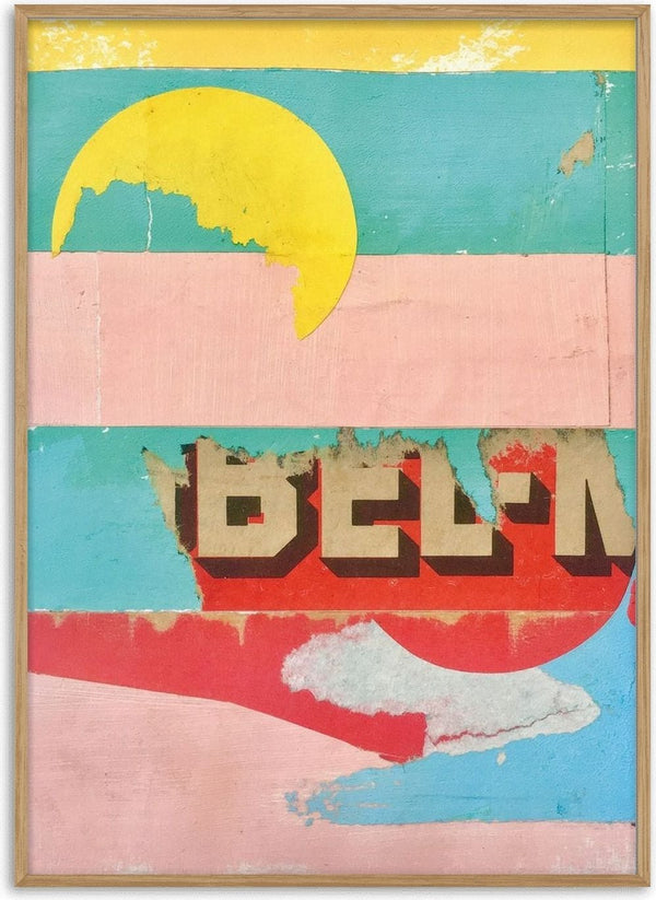 BEL-M by Kareem Rizk - weathered sign lettering and a yellow disc across bands of teal, pink and red