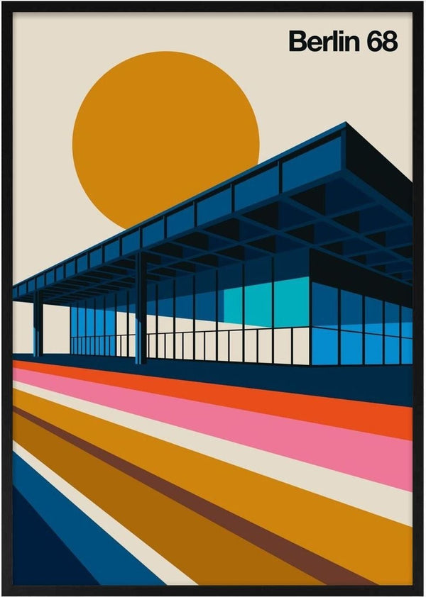 Berlin 68 by Bo Lundberg - blue modernist glass pavilion under a mustard sun above pink and orange stripes