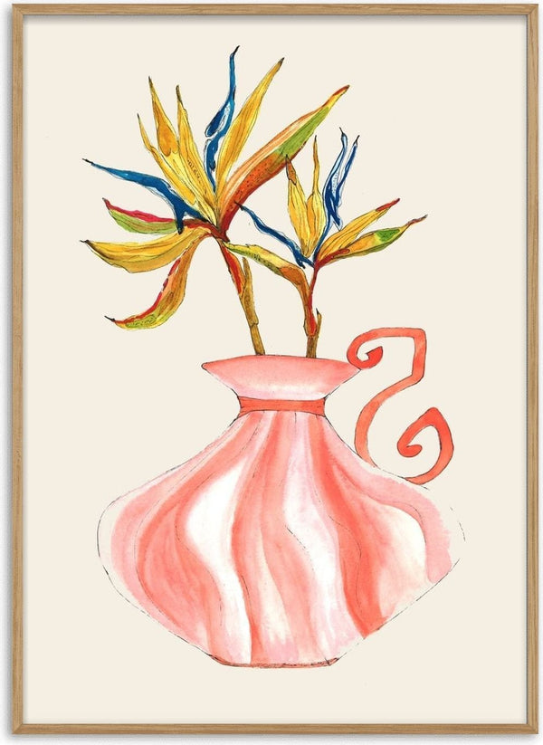 Bird of paradise by Marjorie Salvagni - yellow and blue tropical blooms in a coral striped vase