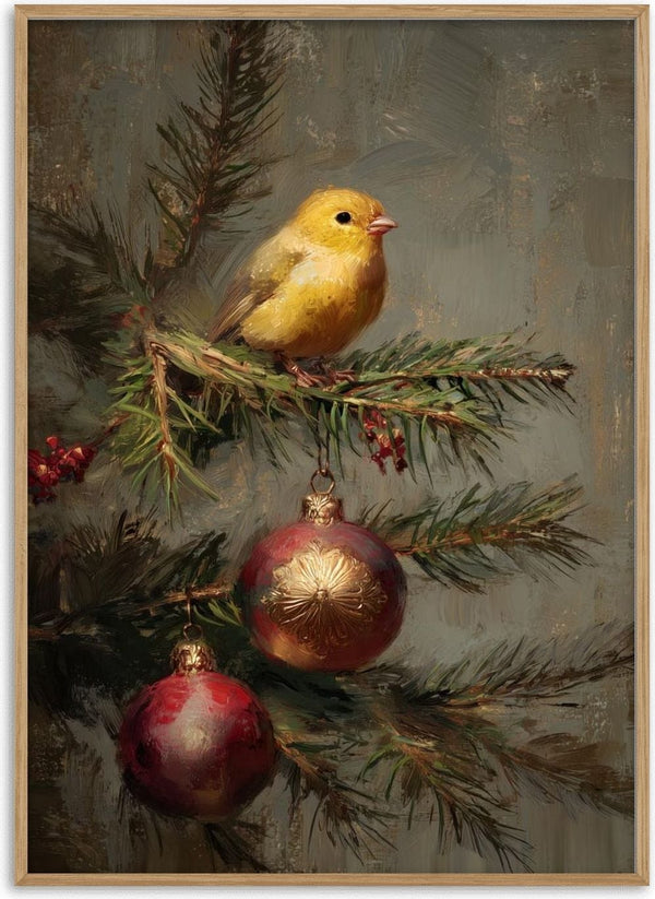 A yellow bird perched on a pine branch decorated with red and gold ornaments.
