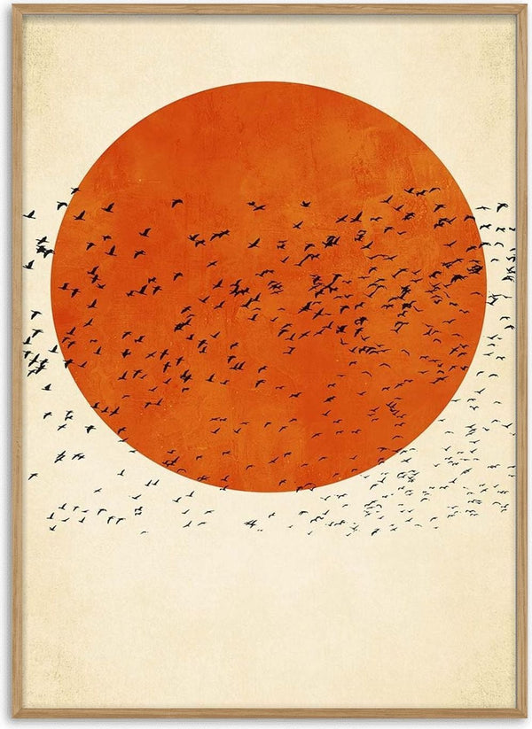 Illustration of birds flying across a large orange sun, artwork titled "Birds In the Sun" by Boris Draschoff.