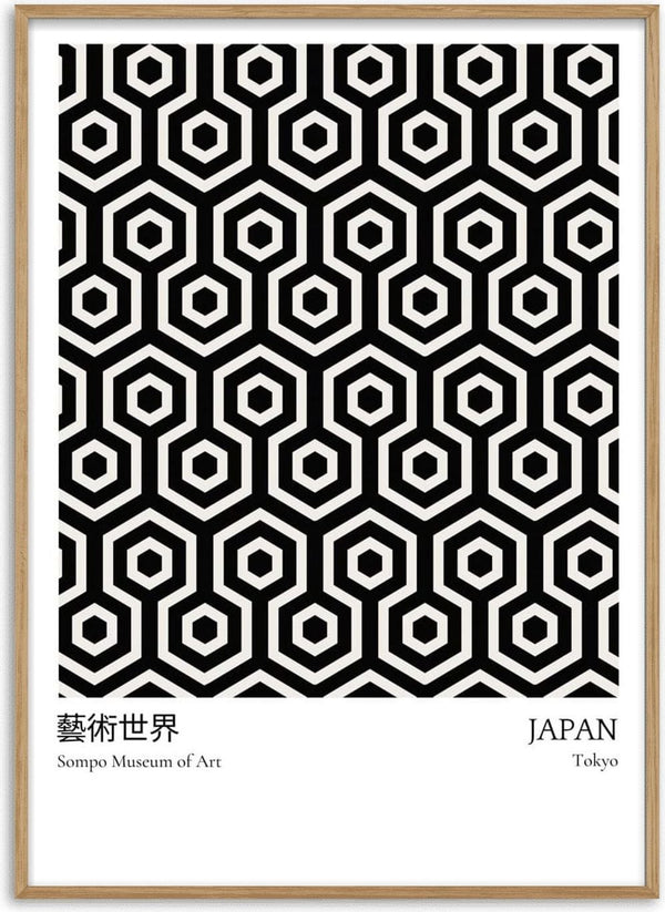 Black and white hexagonal geometric pattern, labeled "Japan Exhibition Plakat" for Sumo Museum of Art, Tokyo.