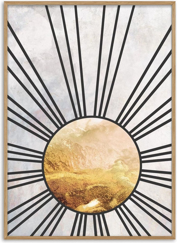 Abstract sunburst with gold textured landscape in center, radiating black lines on Sarah Manovski's product page.
