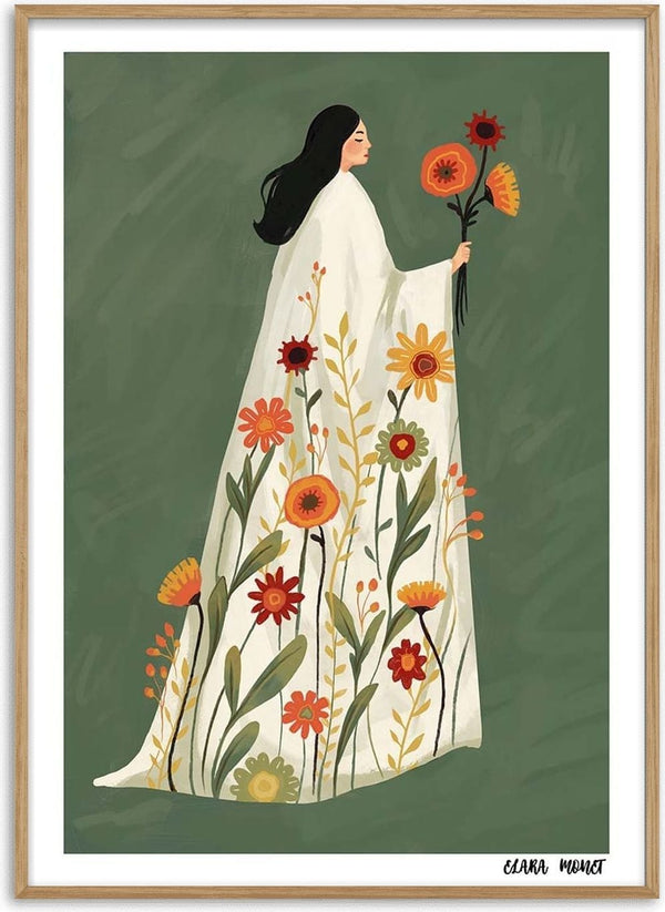 Woman in a flowing floral gown holding orange flowers, from the Blooming Grace - Elara Monet collection.