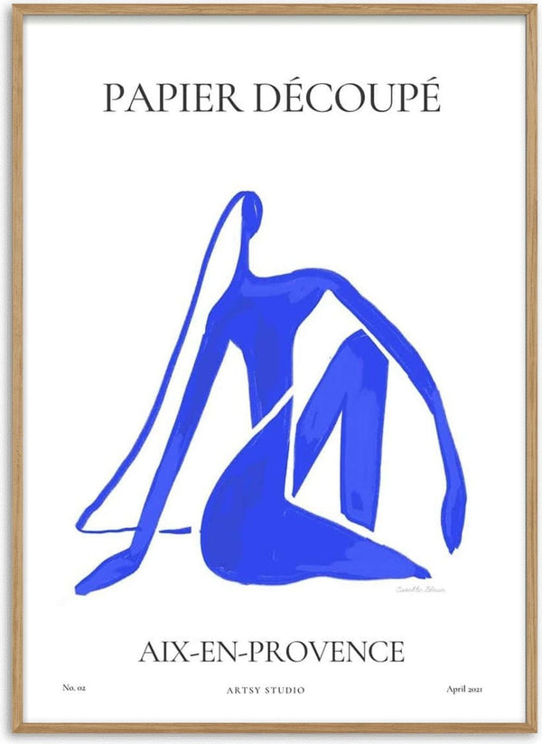 Minimalist blue abstract figure artwork with French text, featured as Blue By Casette Bleue Plakat til Stuen.