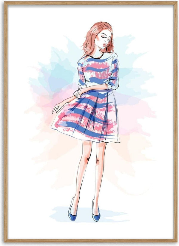 Artistic illustration of a woman in a blue and pink striped dress, standing gracefully with eyes closed.