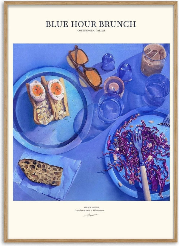 Blue Hour Brunch by Ditte Hartfelt - a blue brunch table seen from above, set as a titled poster