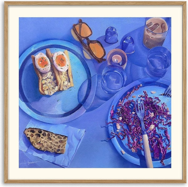 Blue Hour Brunch - Square by Ditte Hartfelt - eggs on rye and red cabbage on a blue table from above