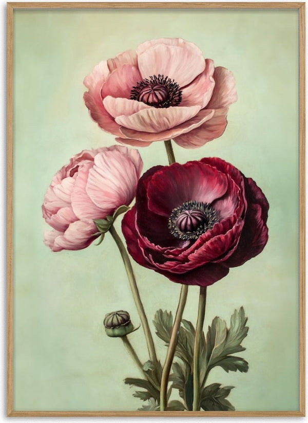 Blush and Burgundy by Annika Persson - two blush pink blooms and a deep burgundy flower on pale green