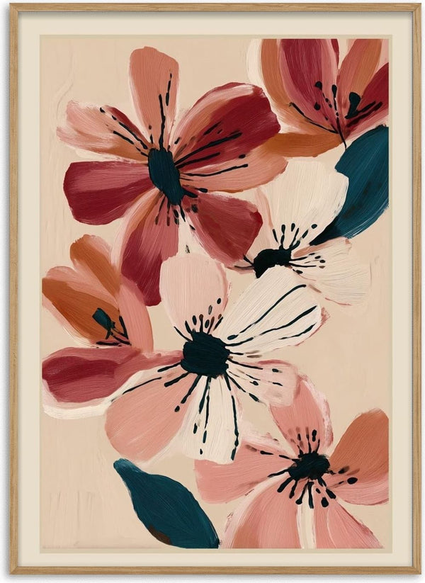Abstract floral painting with blush pink and wine red blossoms on a light background by Branka Kodžoman.