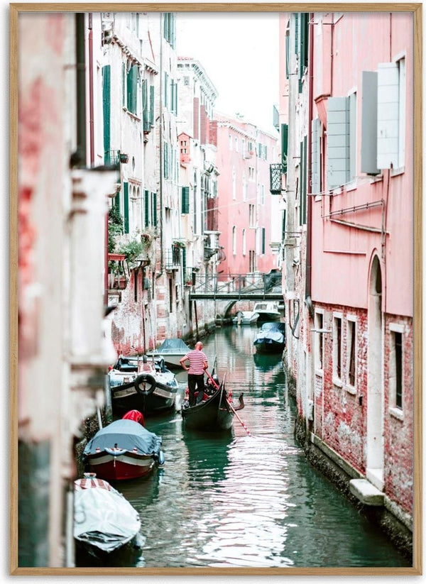 Gondolas on a narrow canal alongside colorful Venetian buildings, featured in the Boat in Venice Plakat.