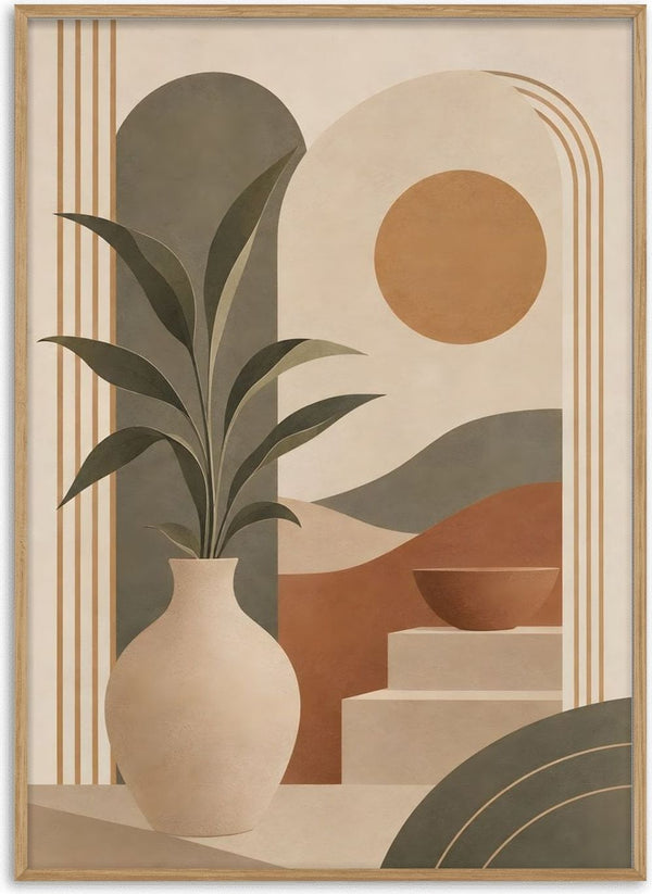 Bohemian Botanical Harmony – Terracotta & Sage Green by TimlessArtworks - cream vase with sage green leaves in front of arches and a terracotta sun