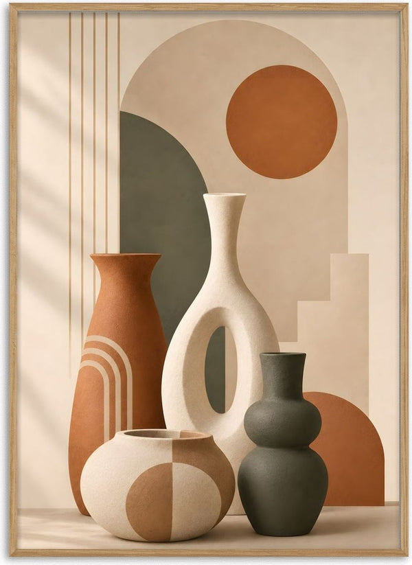 Bohemian Ceramic Vases – Terracotta & Geometric Harmony by TimlessArtworks - terracotta, cream and olive vases before boho arches