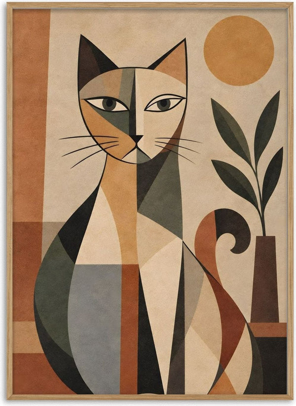 Bohemian Geometric Cat – Terracotta, Botanical & Earthy Forms by TimlessArtworks - geometric cat in terracotta, beige and charcoal beside a plant in a dark vase under an ochre sun