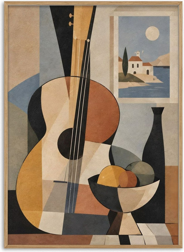 Bohemian String Instrument Still Life – Earthy Tones & Coastal Scene by TimlessArtworks - cubist still life of a guitar, fruit bowl and bottle before a window with a coastal house