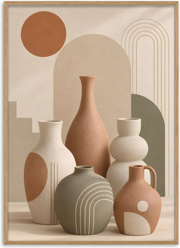 Boho Ceramic Vases & Botanical Abstract Design – Terracotta Sun by TimlessArtworks - five ceramic vases in terracotta, cream and olive before arches and a terracotta sun