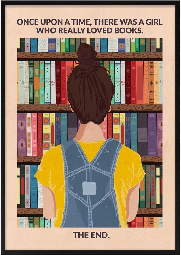 Illustration of a girl in overalls facing bookshelves, with text about her love for books. Book Girl wallchart.