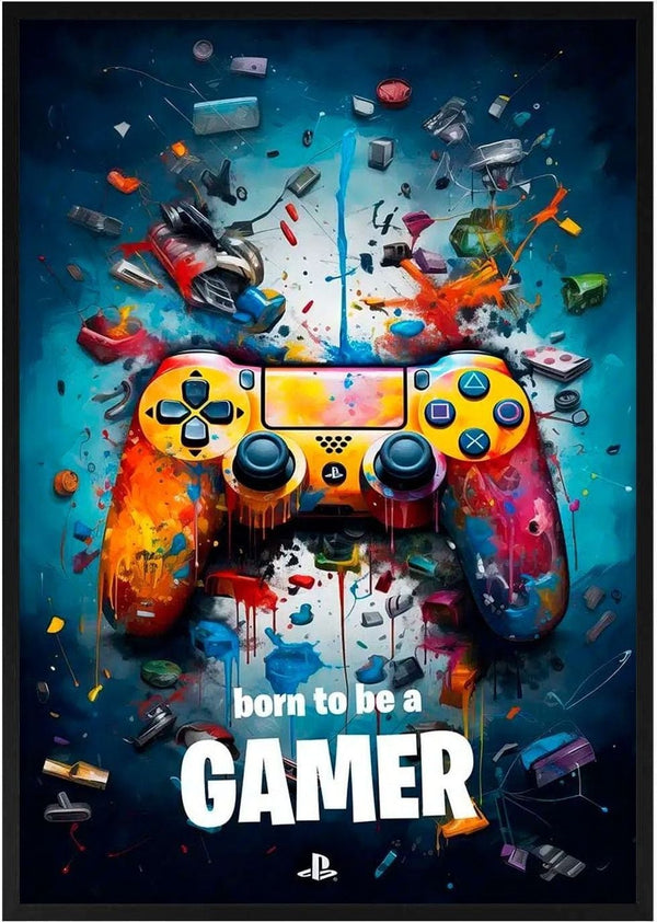 Colorful PlayStation controller with vibrant paint splashes and "born to be a GAMER" text, promoting Born to Game.