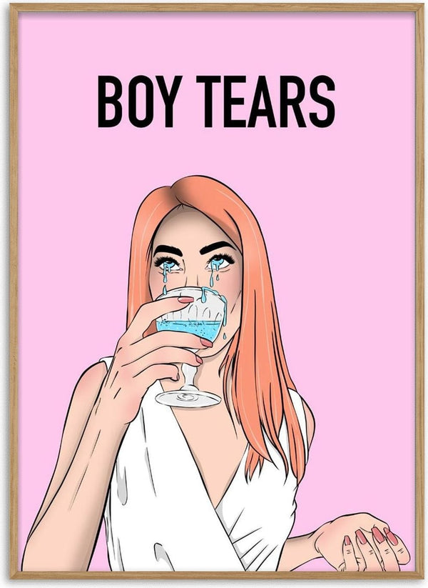 Boy Tears poster by Lisen Vennesland with a woman drinking blue tears from a glass on a pink background