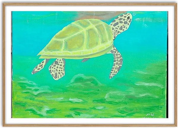 Breathing by Sulaika Martis - a sea turtle swimming through green and turquoise water