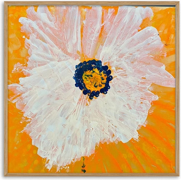 Bright by Maria-Tia - a white flower with a yellow and navy centre across a bright orange ground