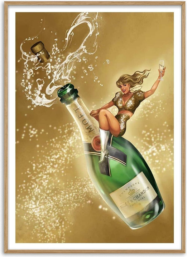 A woman in a gold outfit sits on a popping champagne bottle, holding a glass, with bubbly splashing around.