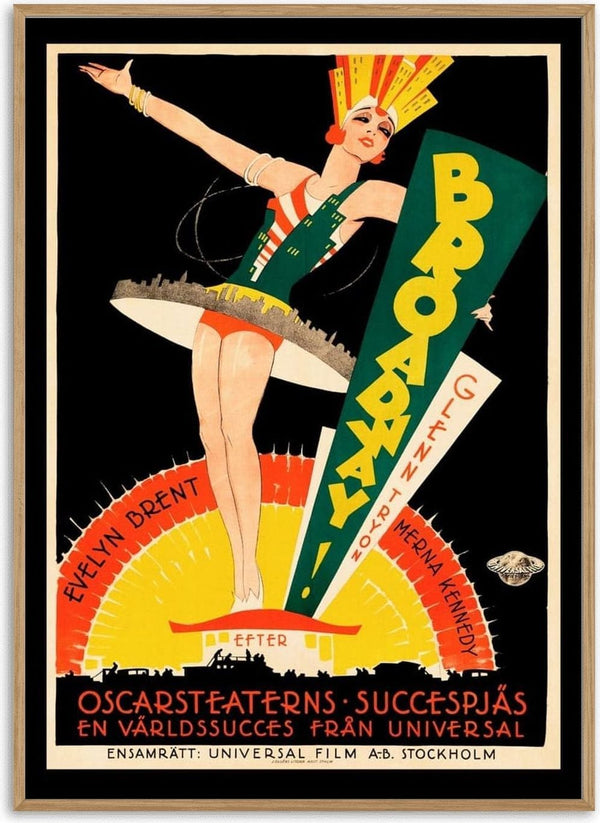 Art Deco Broadway Vintage Plakat featuring a dancer, bold typography, and vibrant colors on a black background.