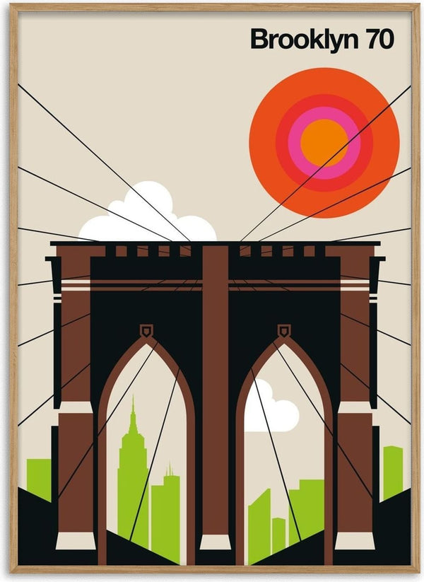 Brooklyn 70 by Bo Lundberg - Brooklyn Bridge in brown and black framing a lime green Manhattan skyline