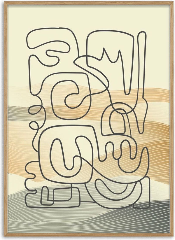 Abstract plakat with flowing brown waves and bold black lines forming organic shapes on a light background.