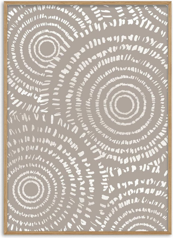 Abstract art poster with brown circular patterns, perfect for adding style to a living room.