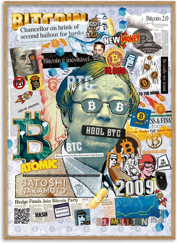 Colorful collage featuring Bitcoin symbols, Satoshi figure, headlines, and crypto-themed graphics for BTC Satoshi product.