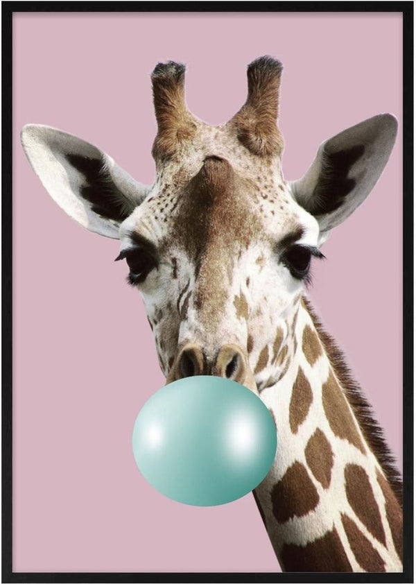A giraffe blowing a blue bubblegum bubble on a pink background, featured on a decorative poster.