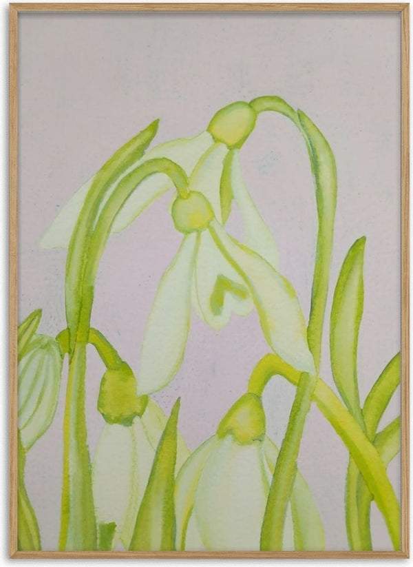 Bucaneve e steli verdi by Maria Emanuela Fiori - white snowdrops on green stems against pale lilac-grey