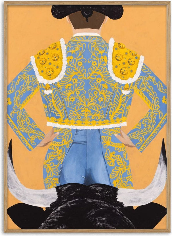 Butt fighter by Jaron Su - matador in a blue and gold suit with a bull behind him